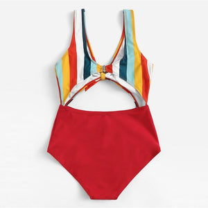 Multicolor Striped Knot Front Cut Out Swimsuit