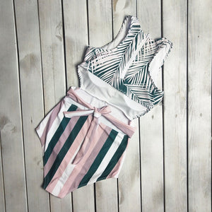 One Piece Tropical Leaf Swimsuit with stripes