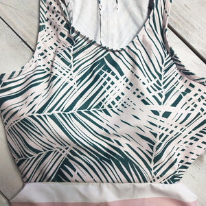 One Piece Tropical Leaf Swimsuit with stripes