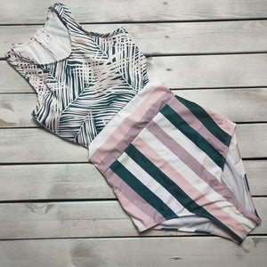 One Piece Tropical Leaf Swimsuit with stripes