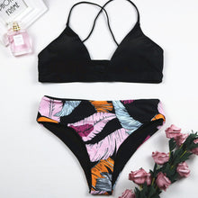 Load image into Gallery viewer, Colorful Plant Print Criss - Cross Two Piece Bikini Set