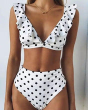 Load image into Gallery viewer, Ruffled Polka Dot High Waist Bikini Set