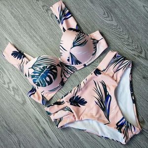 Tropical Palm Leaf Push Up Two Piece Bikini Set