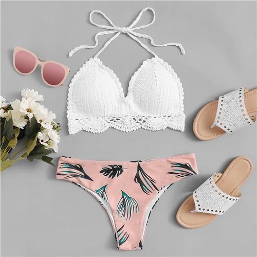 White Tropical Two Piece Bikini Set