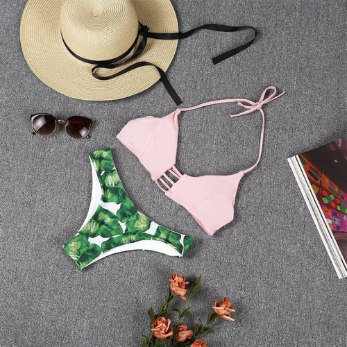 Tropical Leaf Strap Two Piece Bikini Set