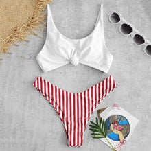 Load image into Gallery viewer, Striped Red and White Knot Front Two Piece Bikini Set