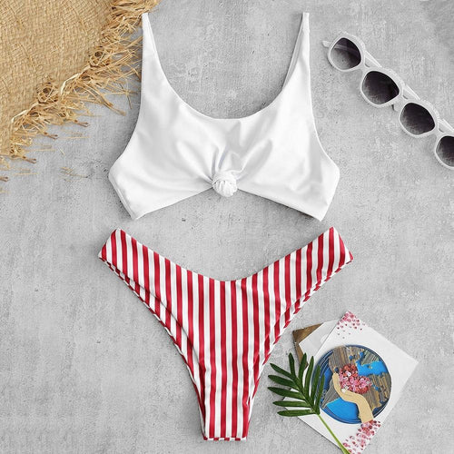 Striped Red and White Knot Front Two Piece Bikini Set