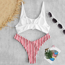 Load image into Gallery viewer, Striped Red and White Knot Front Two Piece Bikini Set