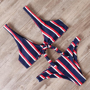 Striped Knot Front Two Piece Bikini Set