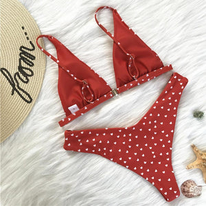 Red Heart Print Two Piece Bikini Set