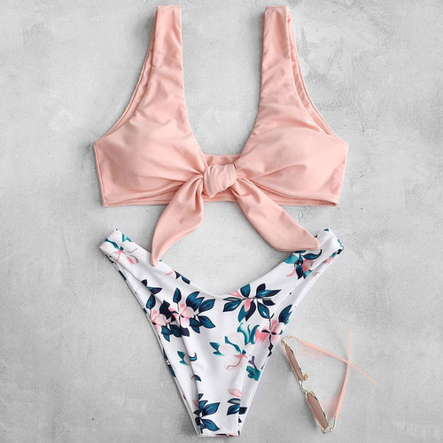 Floral Print Knot Front Two Piece Bikini Set