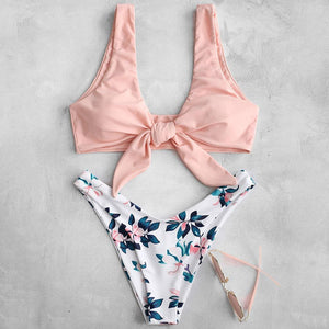 Floral Print Knot Front Two Piece Bikini Set