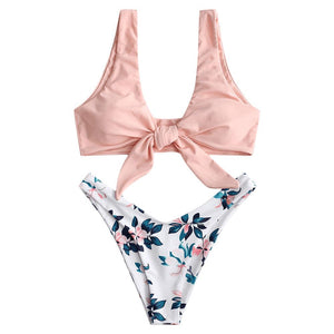 Floral Print Knot Front Two Piece Bikini Set