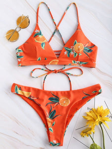 Orange Print Criss-cross Two Piece Bikini Set