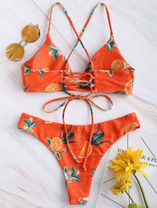 Orange Print Criss-cross Two Piece Bikini Set